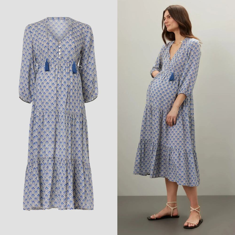 Ripe Mila Maternity Dress Geo Print Longline Tiered Midi Natural Petrol Blue XL